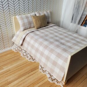 Miniature Dollhouse Plaid Beige Bedding Set 1:12 Scale